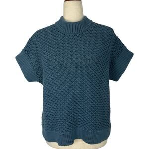 Haven Top Women Medium Blue Organic Cotton Knot Stitch Short Sleeve Sweater